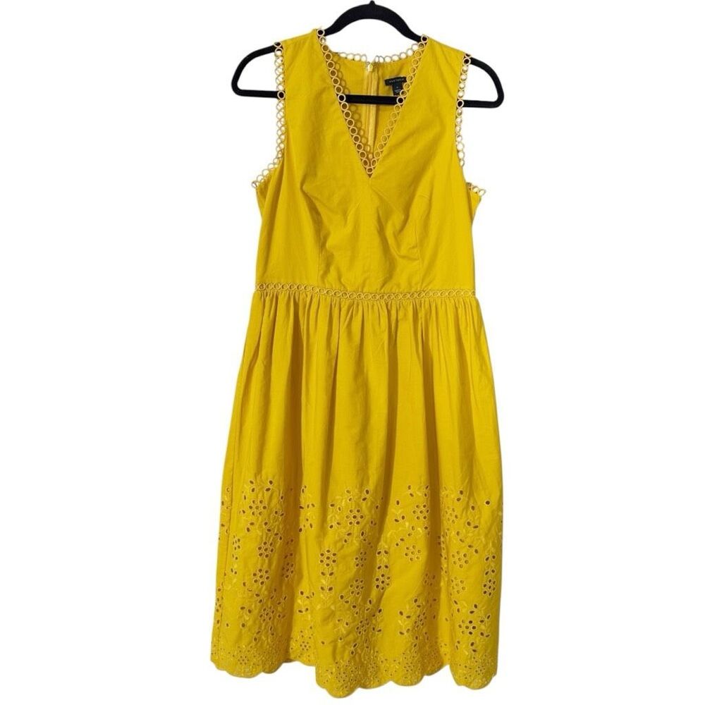 Ann Taylor Yellow Gold Sleeveless Scalloped Eyelet Cottagecore Flare Dress‎ Size